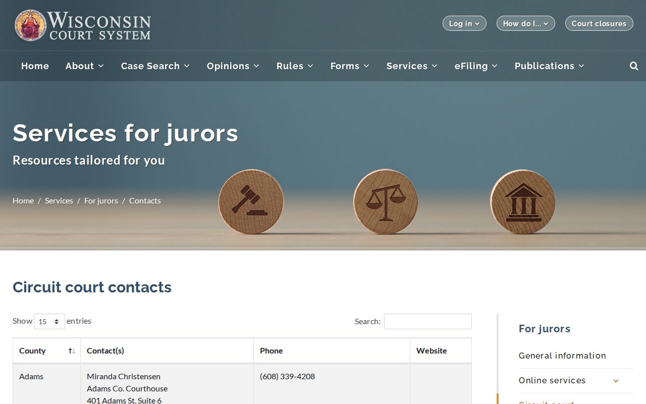 Official Wisconsin jury contact listing for Waushara County