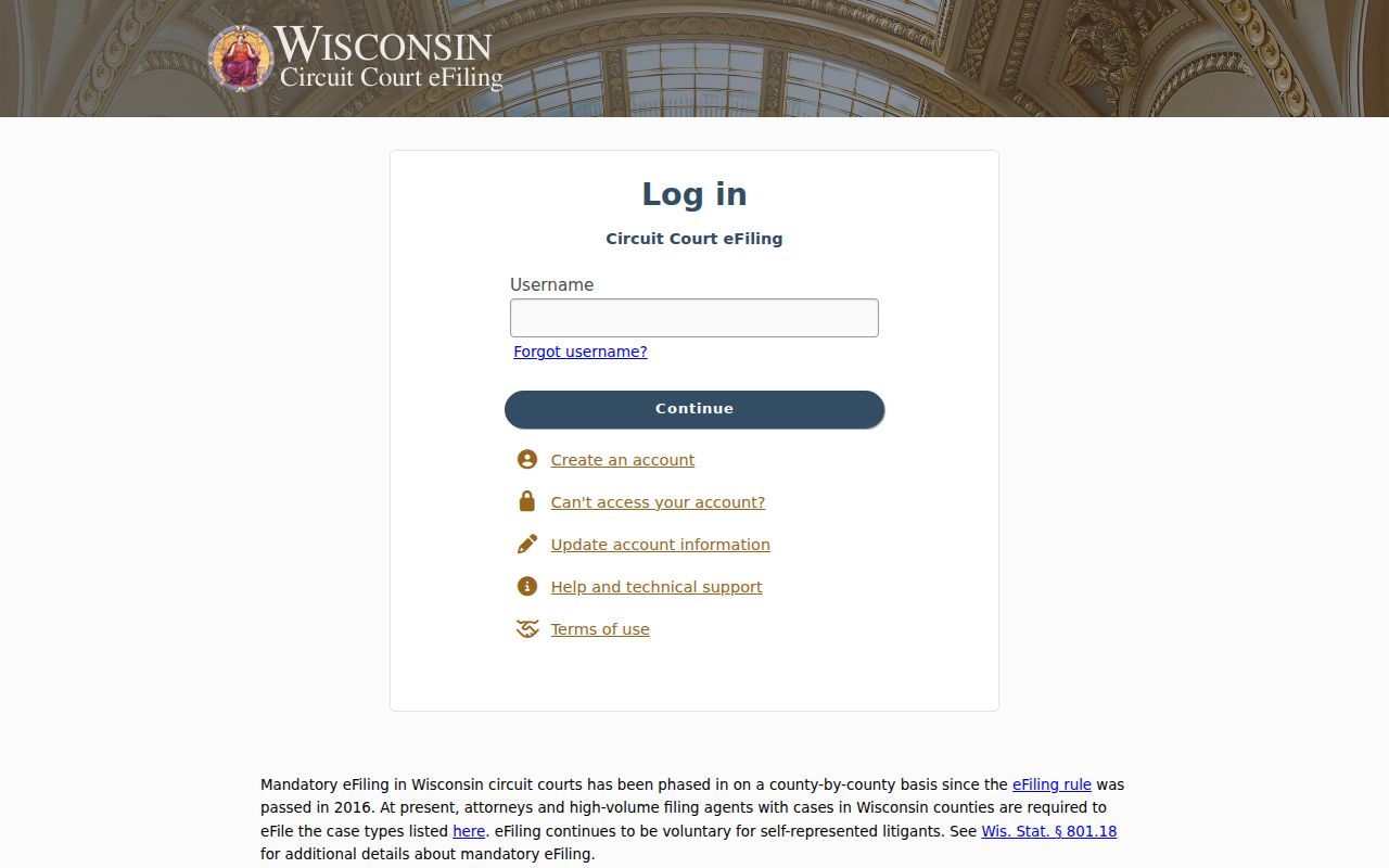 Wisconsin Circuit Court eFiling authenticated entry screen