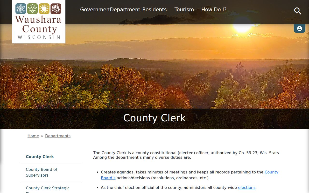 Waushara County page distinguishing the County Clerk from court records offices