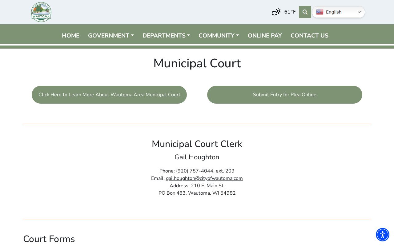 Official Wautoma Area Municipal Court page with forms and clerk information