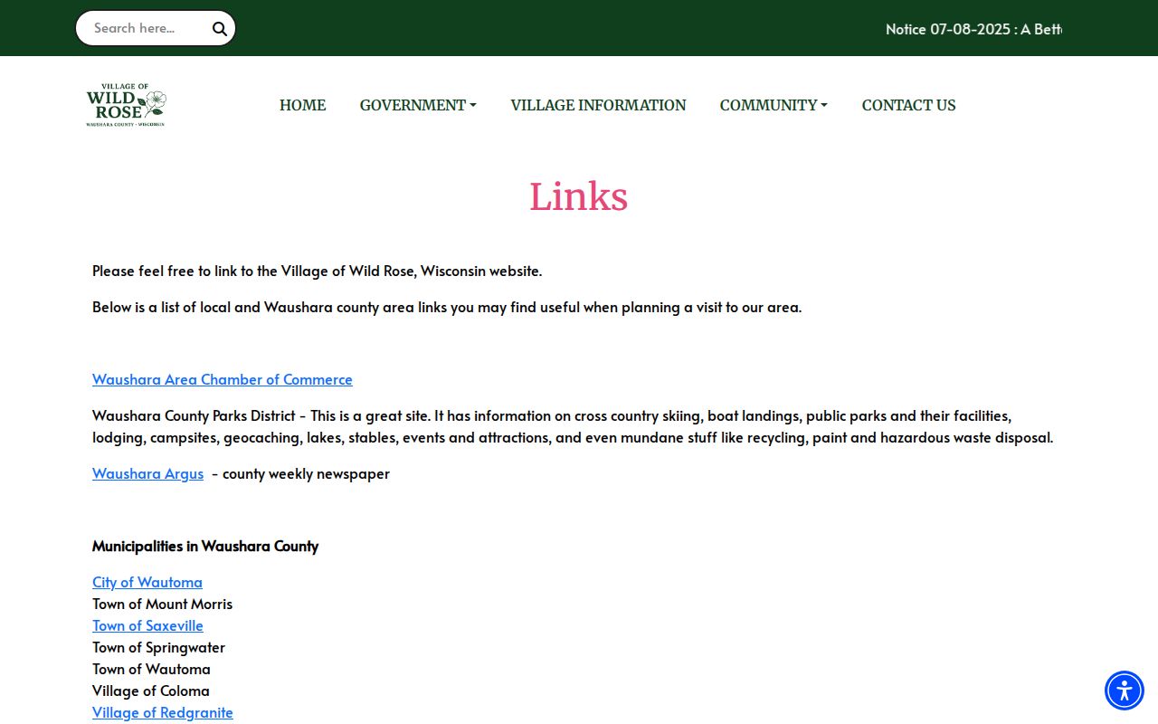 Wild Rose court records and official village office links