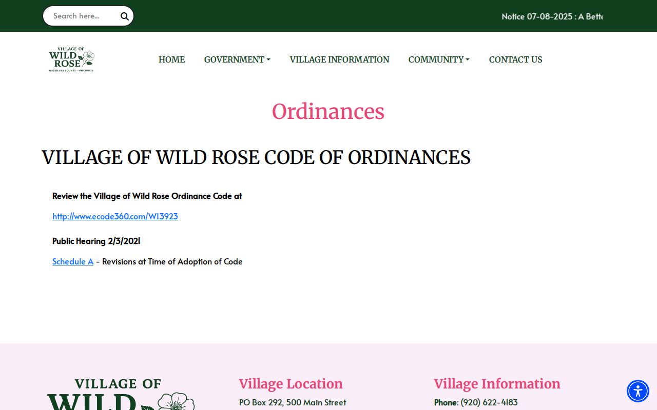 Wild Rose court records and official village ordinance code